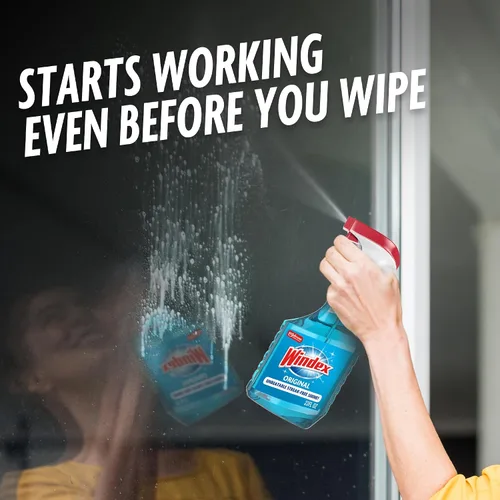 Vista 4 de Windex Spray limpiador de vidrio y ventanas, botella hecha de plástico 100% reciclado, espray de limpieza de superficies, aroma azul original, 23
