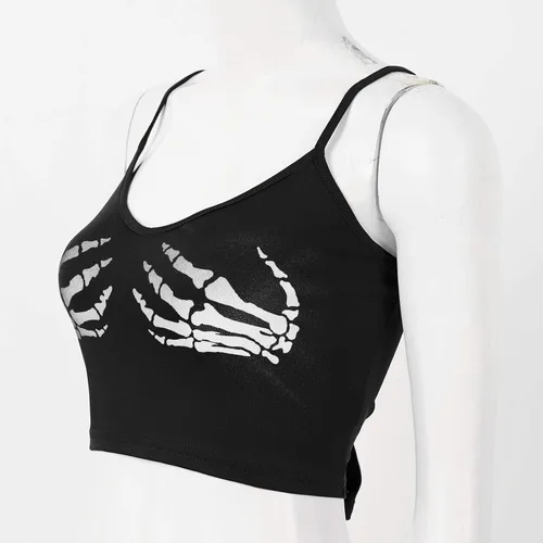 Vista 4 de MSemis Camiseta sin mangas con diseño de calavera y estampado a mano, con tirantes delgados, para mujer