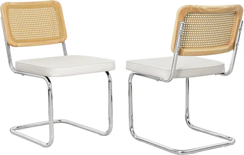 Vista 23 de Juego de 2 sillas de comedor de terciopelo con respaldo de ratán, diseño moderno Breuer con base cromada inoxidable sin brazos tapizada para Beige