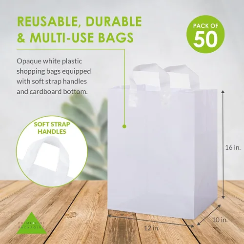 Vista 2 de Bolsas de plástico blancas Prime Line Packaging, bolsas de regalo para compras con asas para pequeñas empresas, comestibles, servicio de alimentos