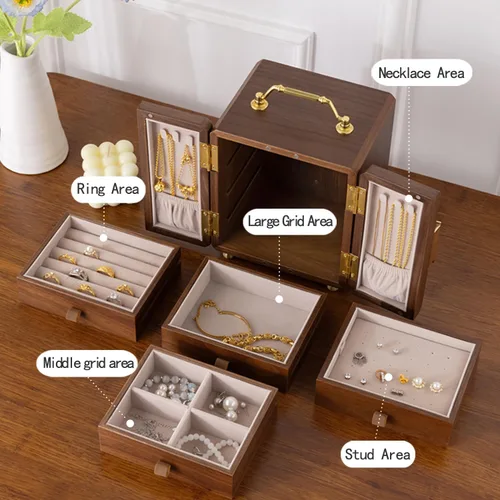 Vista 7 de Kinsuite Joyero de nogal negro Organizador de joyas de 4 niveles con doble puerta segura para aretes, anillos, collares, pulseras, patrón de espejo