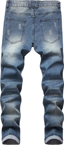 Vista 3 de QIMYUM Jeans ajustados para hombre, jeans ajustados rasgados para hombre, jeans de motociclista, elásticos, pantalones de mezclilla de Moto Cargo