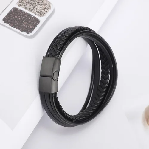Vista 4 de murtoo Pulsera de cuero para hombre con cierre de piel de vaca multicapa trenzada pulsera para hombre