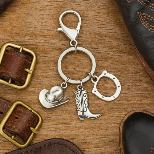 Vista 6 de Llavero de caballo con sombrero de vaquero, dijes para botas y herradura, accesorio occidental de acero inoxidable, regalo ecuestre para mujeres