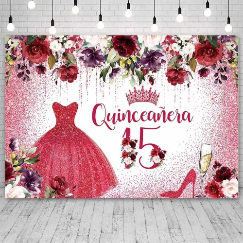 Vista 2 de Telón de fondo de feliz cumpleaños número 15 para niña, quinceañera, flores rojas burdeos, fondo de fotografía, corona roja, decoración de fiesta