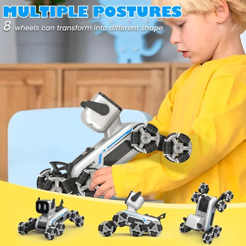 Vista 3 de SIMREX Robot Perro RC Coche de Acrobacias Juguetes - Coche de control remoto con detección de gestos con ruedas Mecanum, ojos LED, 3 efectos