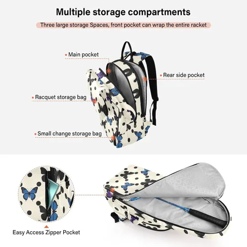 Vista 5 de Sporting Goods Tennis Bag Waterproof Polka Dot Animal Blue Butterfly Tennis Racket Cover Holds 2 Rackets for Tennis, Badminton, Racketball raquetas