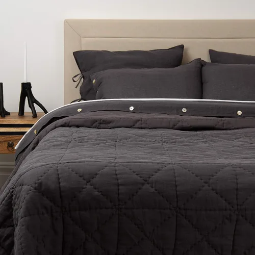 Vista 13 de Best Home Fashion Edredón de lino y algodón con diamantes, elegancia casual, ropa de cama ligera y elegante, manta, individual, gris, 86 pulgadas