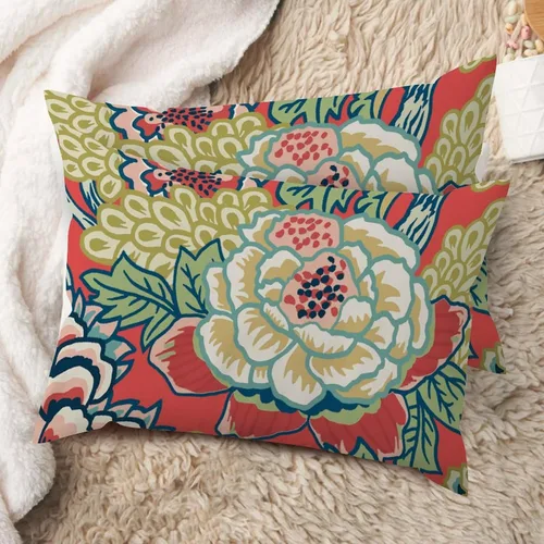 Vista 78 de Juego de 2 almohadas coloridas de estilo chinoiserie, color rosa intenso, azul real, peonía, floral, blanco, lino, estilo chinoiserie, para sofá