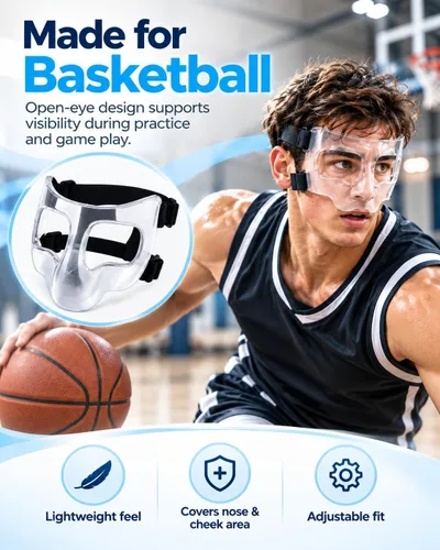 Vista 6 de Nose Guard for Broken Nose, Face Shield Mask for Soccer and Basketball Polycarbonate, Adjustable Straps, 2 Cushion Pad Sets, Lightweight Face