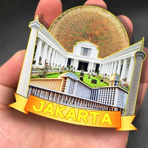 Vista 4 de Imán de madera de Yakarta Indonesia 3D para nevera, recuerdos coleccionables, decoración hecha a mano, artesanías 2