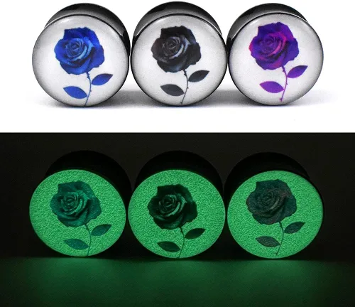 Vista 2 de Jboyanpei 6 unids3 pares brillan en la oscuridad rosa patrón acrílico túnel de oído calibre y tapones dilatador dilatador piercing tamaño 0.236in a