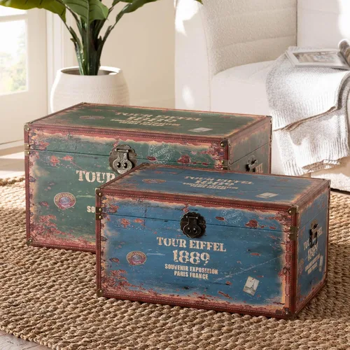 Vista 9 de Baxton Studio Sabeen Vintage Parisian - Juego de baúl de almacenamiento de 2 piezas de cuero sintético y madera