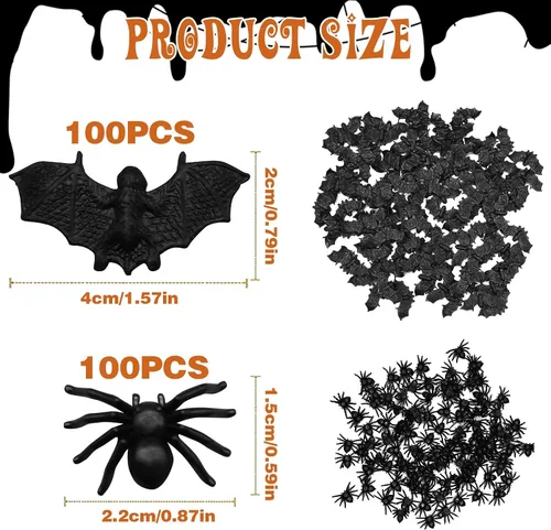 Vista 7 de 200 piezas de mini arañas murciélagos decoraciones de Halloween, incluye murciélagos de plástico y arañas falsas, broma espeluznante de miedo