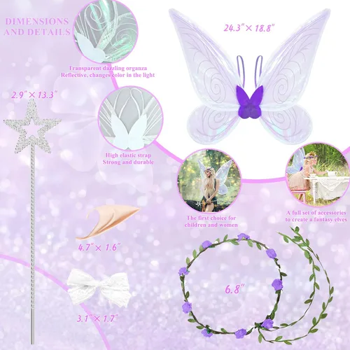 Vista 3 de 7PCS Fairy Wings Dress Up,Sparkling Sheer Wings Butterfly Fairy Halloween Costume Angel Wings for Kids Girls Women