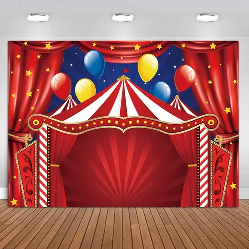 Vista 2 de Qian Cortina de telón de fondo de carnaval de circo rojo con estrellas, fondo de fotos de 7 x 5 pies, suministros para baby shower de recién