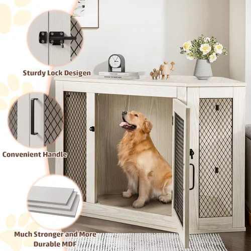 Vista 6 de PUKAMI Muebles de jaula para perros de esquina de 44 pulgadas, muebles de perrera para perros de madera con malla, casa decorativa de madera