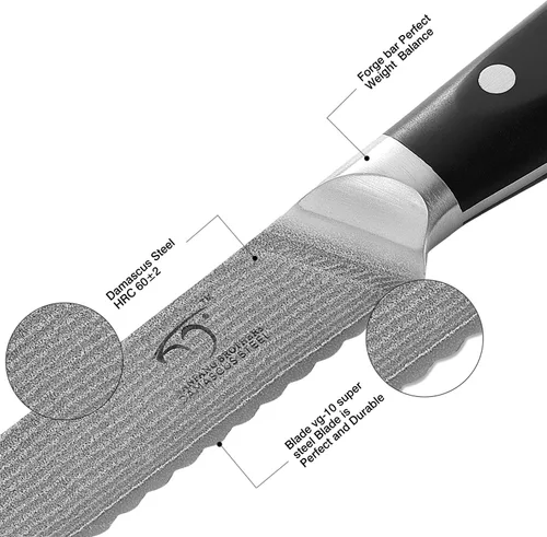 Vista 2 de Cuchillo de cocina Damasco, cuchillo de pan dentado de 8 pulgadas con mango ergonómico de madera antideslizante, afilado, ligero, control superior