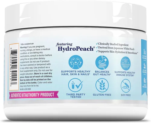 Vista 6 de Colostrum colágeno en polvo péptido hidrolizado HydroPeach Salud intestinal y apoyo inmunológico 0.04 oz de calostro bovino, 0.07 oz de péptidos