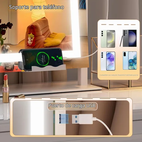 Vista 3 de Hasipu Espejo de tocador con luces y altavoz Bluetooth, espejo de maquillaje LED de 24 x 20 pulgadas, espejo iluminado con aumento de 10X, puerto