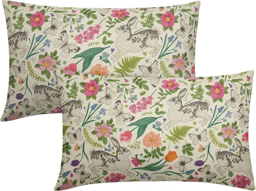 Vista 31 de Juego de 2 fundas de almohada de primavera de 16 x 16 pulgadas, diseño de conejo, flores rosas, hojas verdes salvia, plantas botánicas vintage