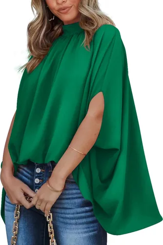 Vista 86 de BTFBM Blusas de verano para mujer, cuello alto falso, manga murciélago, holgadas, dobladillo alto y bajo, blusas informales de gran