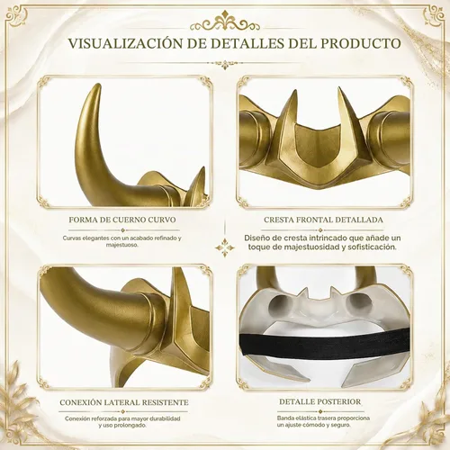 Vista 5 de Casco de cuernos de superhéroe, corona de PVC dorado, para Halloween