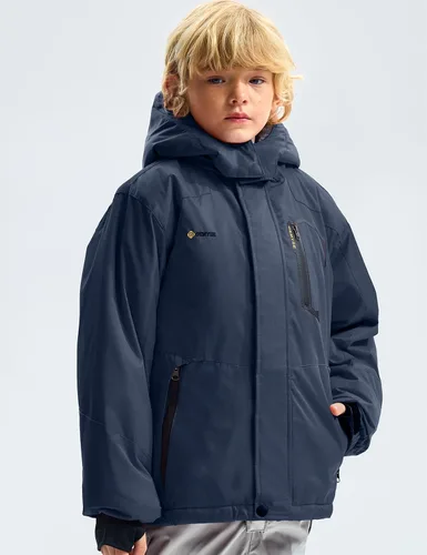 Vista 2 de GEMYSE Chaqueta de esquí impermeable para niños con capucha de forro polar resistente al viento chaqueta de invierno
