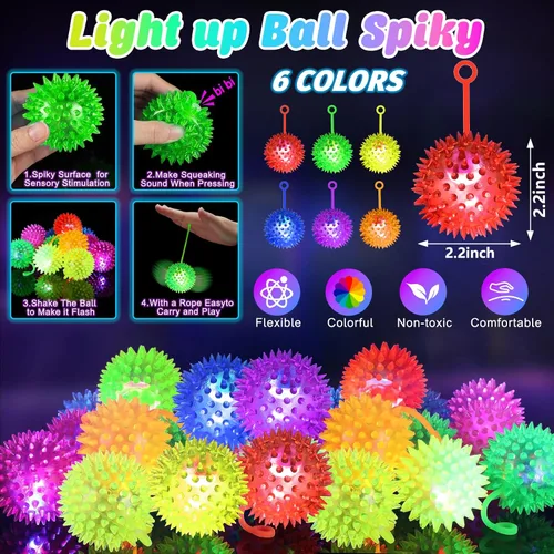 Vista 2 de SHQDD 24 bolas de luz, bolas antiestrés, bolas inflables para niños, bola chirriante intermitente de 6 colores, juguetes iluminados de 2.2 pulgadas