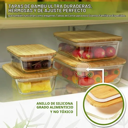 Vista 8 de Bambooware Recipientes de vidrio con tapas Juego de cristalería no plástica – Tapas de bambú de madera orgánica natural Juego de 4