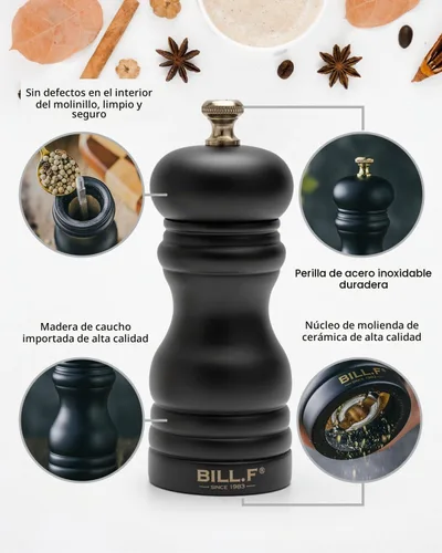 Vista 3 de BILL.F - Molinillo de sal y pimienta, molinillo de madera, molinillo manual de pimienta, molinillo de sal con rotor de cerámica ajustable, 5.31