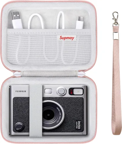 Vista 19 de Funda de transporte compatible con cámara instantánea Fujifilm Instax Mini EVO, bolsa de viaje con bolsillo de malla para fotos, cables USB Negro