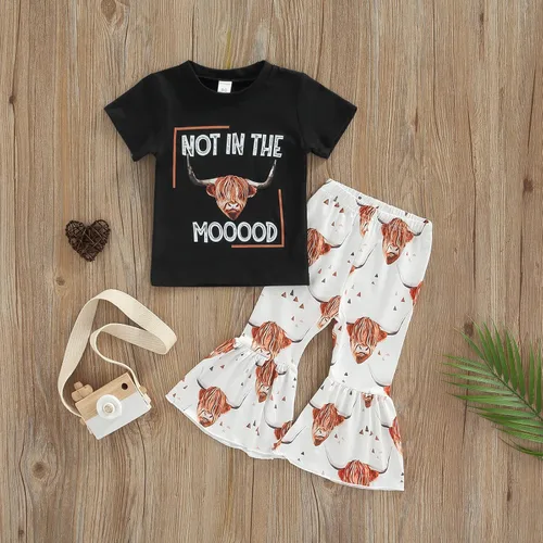 Vista 9 de fhutpw Conjunto de camiseta de manga corta con estampado de vaca y pantalones acampanados de dibujos animados para niñas