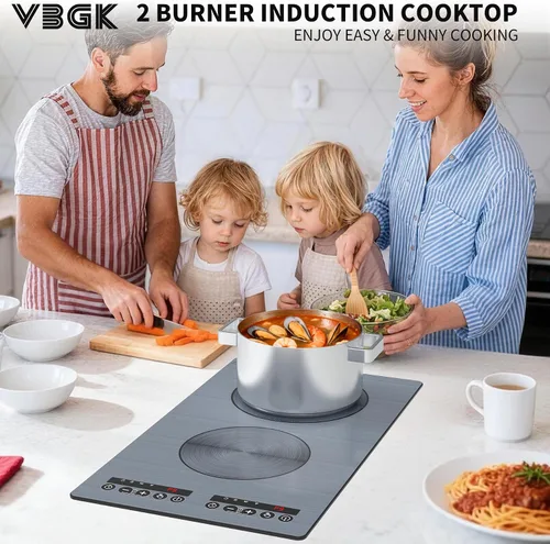 Vista 2 de VBGK Placa de cocción de inducción, placa caliente de doble quemador de 110 V 2300 W con control táctil LED, 9 niveles de potencia, bloqueo