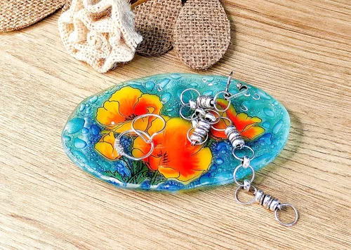 Vista 3 de Jabonera pequeña California Poppy de vidrio fundido, 4.5 x 3 pulgadas, forma ovalada (colección de platos)