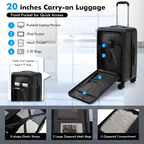 Vista 4 de S AFSTAR Safstar - Equipaje de 20 pulgadas, equipaje de mano de aluminio con bloqueo TSA, bolsillo frontal, mango de 4 niveles, puerto de carga USB