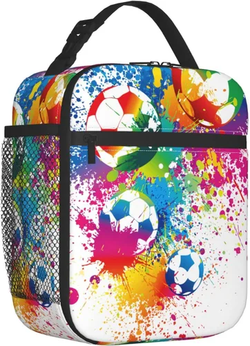 Vista 2 de Bolsa de almuerzo colorida con pelota de fútbol para niños y niñas, lonchera reutilizable de fútbol con aislamiento, bolsa de almuerzo portátil