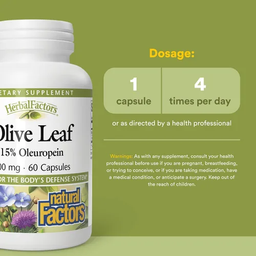 Vista 3 de HerbalFactors by Natural Factors, Hoja de Olivo 500 mg, Fórmula Natural de Bienestar, 60 Cápsulas