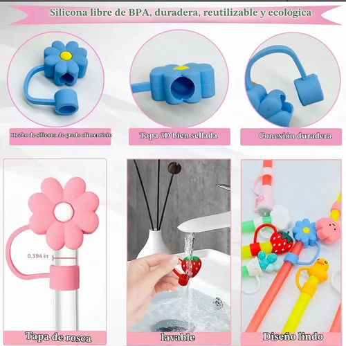 Vista 4 de 10 fundas de popote compatibles con vasos Stanley de 30 y 40 onzas, reutilizables, bonitas puntas de silicona para popotes, protectores de tapas
