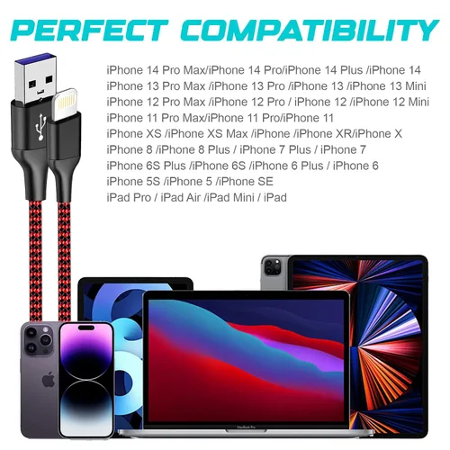 Vista 7 de Paquete de 3 cables de carga para iPhone de 6 pies con certificación MFi, trenzados, de carga rápida, duraderos y curvados de 25 K+ para iPhone