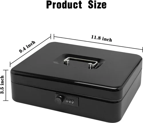 Vista 2 de Caja de efectivo de acero seguro con cerradura de combinación y bandeja extraíble, organizador de dinero de metal para uso doméstico y oficina Negro