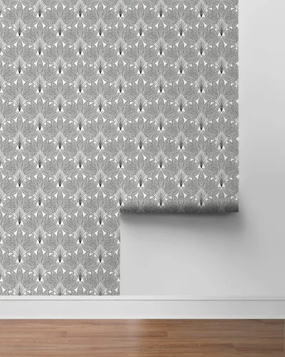 Vista 8 de NextWall Papel tapiz autoadhesivo de hojas de pavo real de mediados de siglo (ébano)