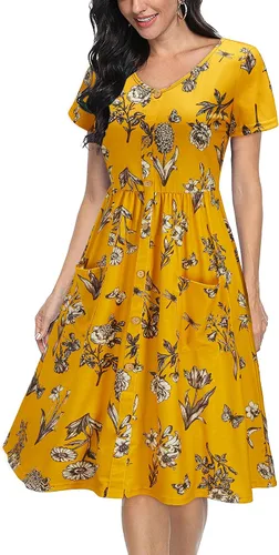 Vista 2 de VOTEPRETTY - Vestido ligero de verano con botones y bolsillos para uso informal, vestido con estampado floral, manga corta y cuello en V para mujeres