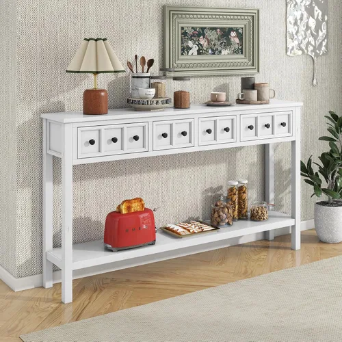 Vista 21 de JIVOIT Mesa consola rústica y elegante, mesa de consola rectangular de madera con cajones de almacenamiento y estante inferior para entrada Blanco