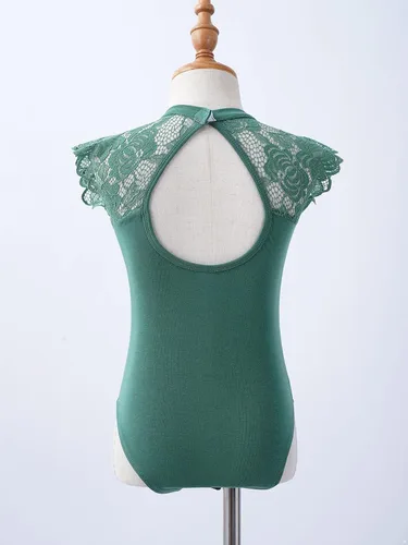 Vista 5 de Leotardo de algodón de una pieza para niñas, de encaje, con volantes, manga con volantes, para gimnasia, ballet y danza, verde ( Bean Green )