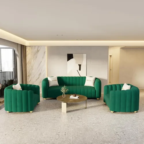 Vista 14 de Moderno juego de sofá de terciopelo negro de 3 piezas para sala de estar, juego de sofá curvado acolchado con patas de esfera de metal dorado