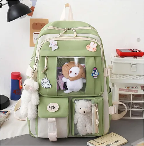 Vista 4 de Mochila Kawaii de 5 piezas, bolsa deportiva estética de 17 pulgadas con bonita mochila, bolsa de hombro, caja de lápices, bolsa de mano, bolsa