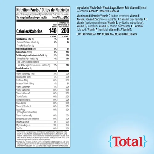 Vista 2 de Total Cereal de desayuno, 100% valor diario de 11 vitaminas y minerales, cereales integrales, 16 onzas