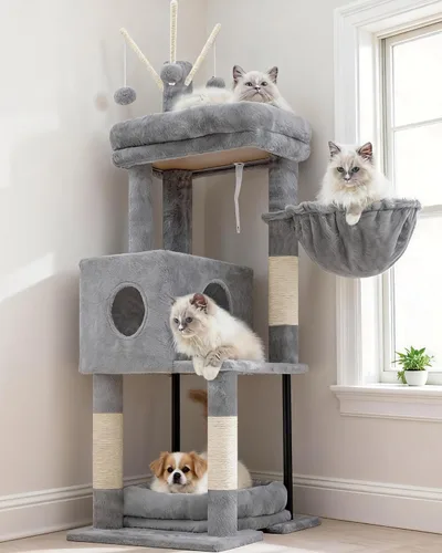 Vista 11 de Heybly - Árbol de gato con cepillo autolimpiante, torre de gato para interior con plataforma acolchada de felpa, casa de gato con cesta, poste
