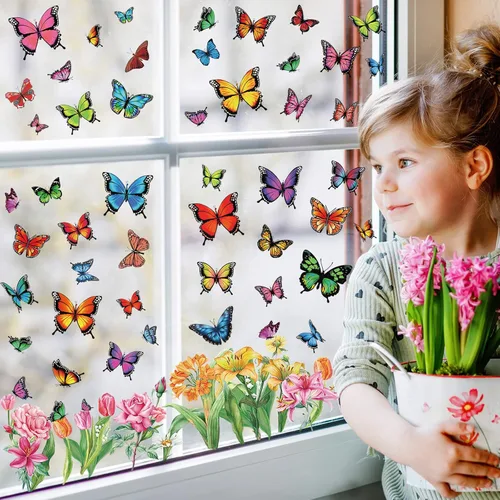 Vista 2 de Whaline 9 hojas de primavera de mariposa para ventana, decoración de ventanas de flora de mariposa colorida de verano, calcomanías reutilizables
